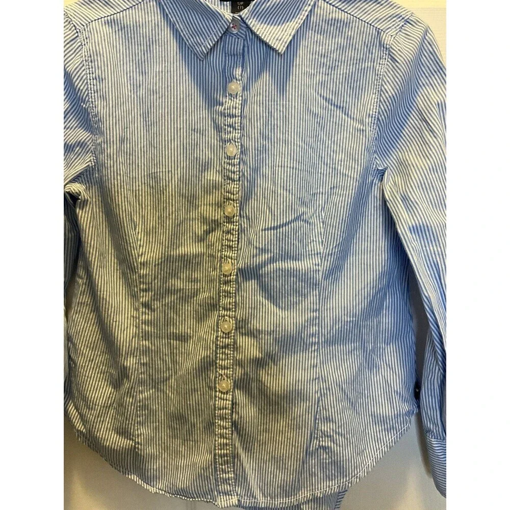 Tommy Hilfiger Girls S (7) Blue White Pinstripe Fitted Long Sleeve Button Up Top - Picture 5 of 7